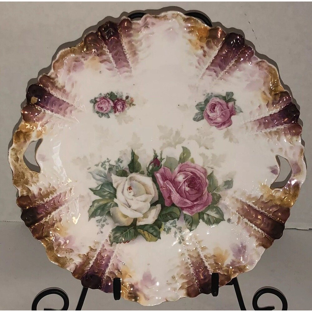 Antique RS Prussia Mold 19 Handled Cake Plate Roses Germany 10.5” 1910 Tray